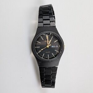 Vtg Pulsar Quartz Black Watch Day Date Unisex Womens Wristwatch New Battery